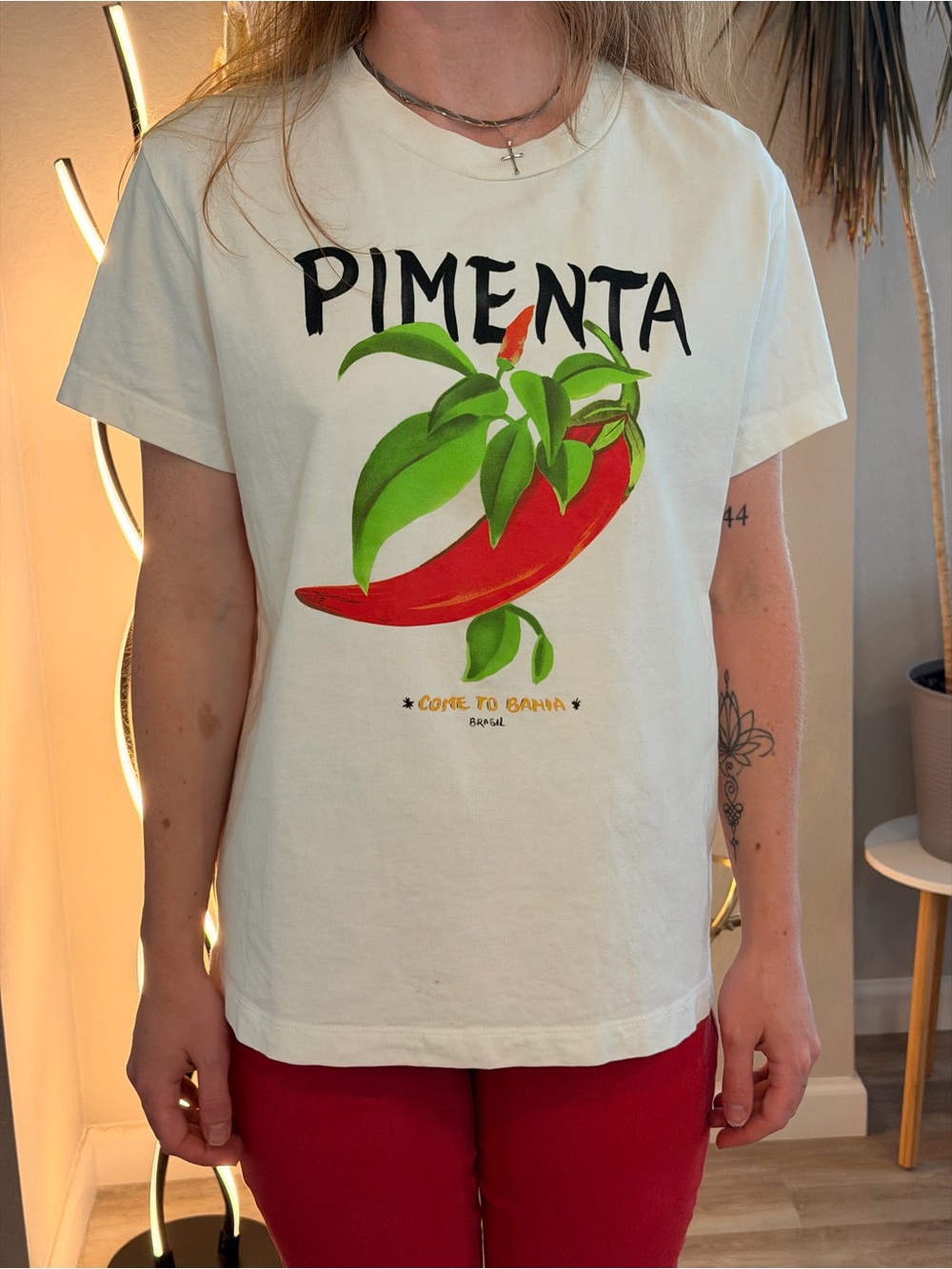 Farm Rio Pimenta Graphic Tee - White with Red & Green Chili Design Size M